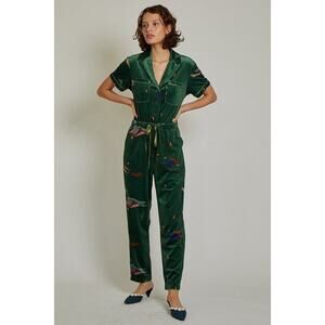 Rachel Antonoff Matthew Mallard Duck Velvet Short Sleeve Jumpsuit Green L